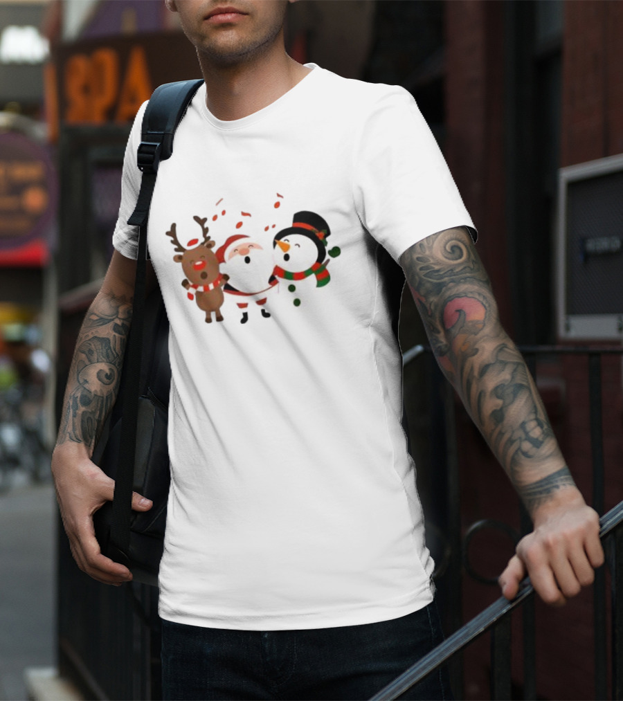 Santa Reindeer And Snowman Singing Christmas Carols Together T-Shirt