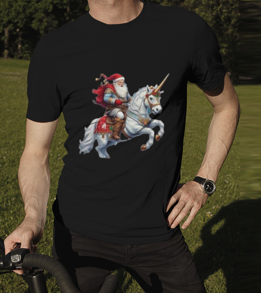 Santa Claus Riding Festive Unicorn Christmas T-Shirt