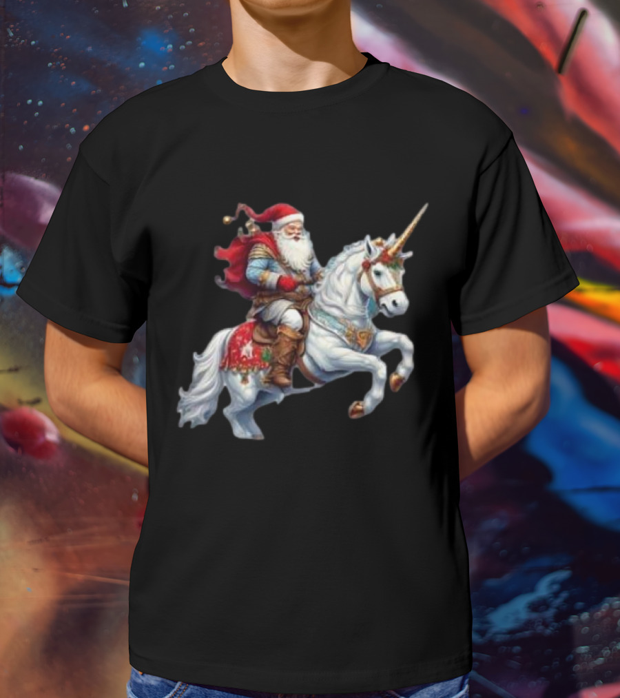Santa Claus Riding Festive Unicorn Christmas T-Shirt