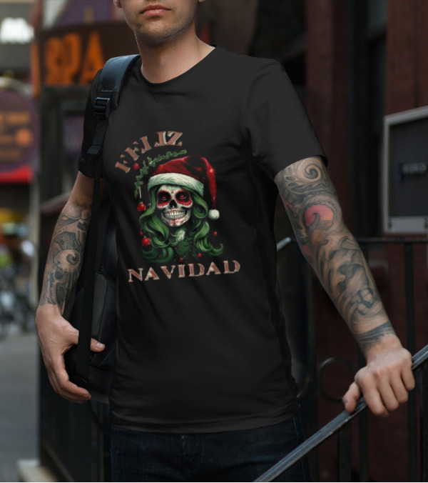 Feliz Navidad Skull Santa Hat Merry Christmas T-Shirt