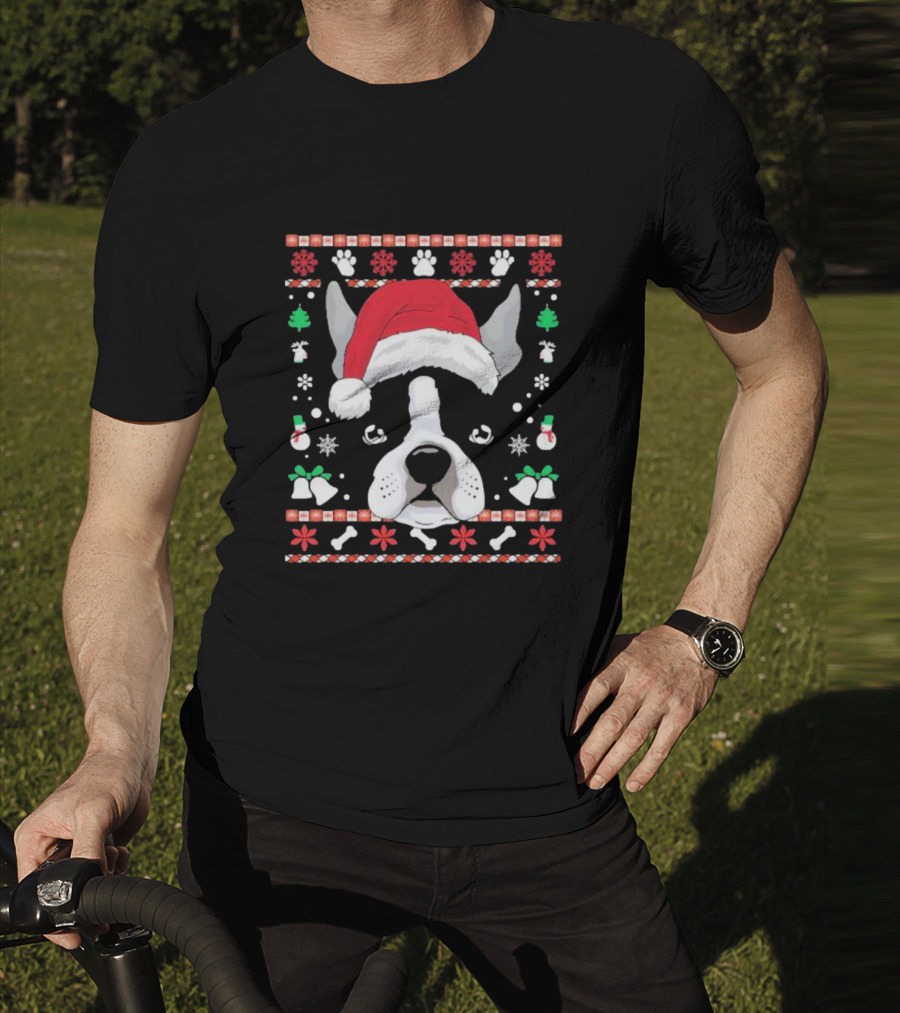 Ugly Christmas Boston Terrier In Santa Hat With Snowflakes And Paw Prints T-Shirt