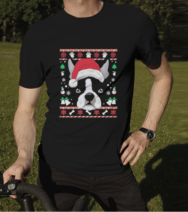 Ugly Christmas Boston Terrier In Santa Hat With Snowflakes And Paw Prints T-Shirt