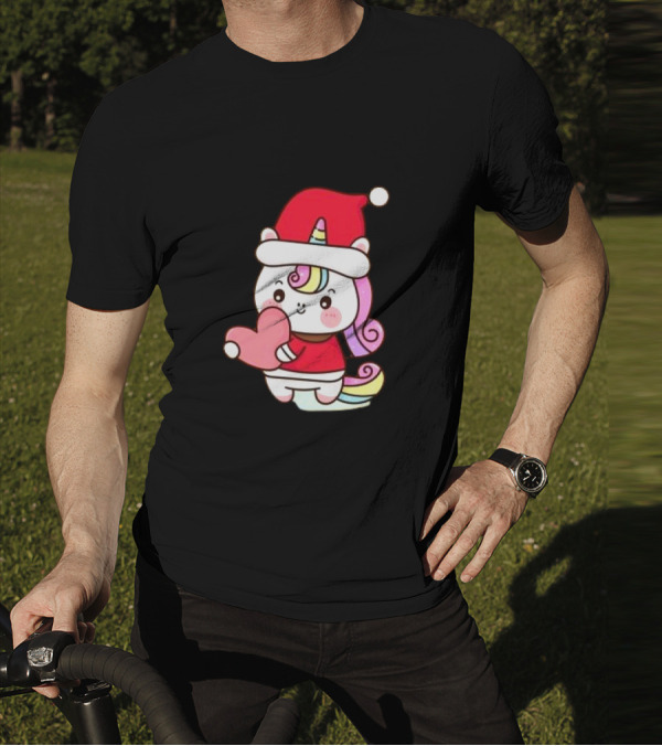 Unicorn Santa Hat Heart Christmas T-Shirt