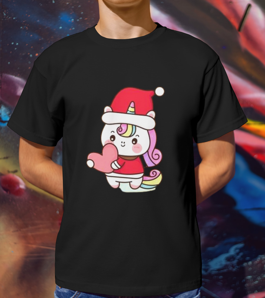 Unicorn Santa Hat Heart Christmas T-Shirt