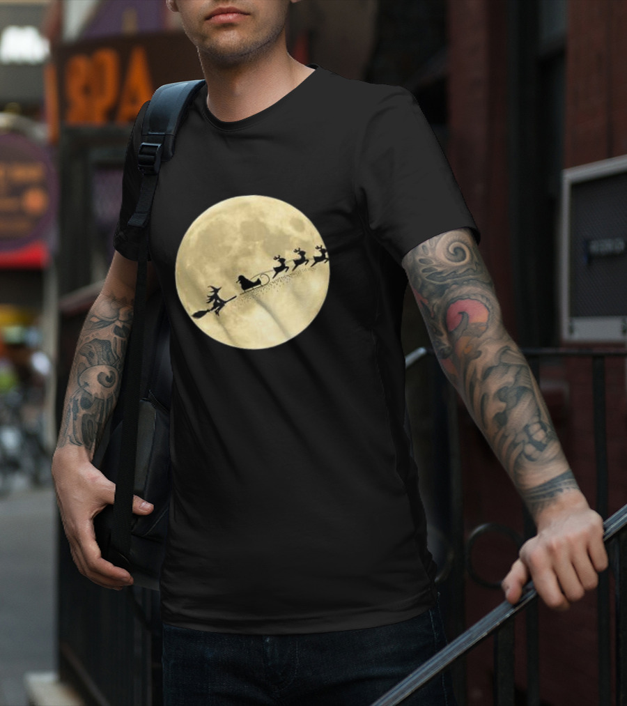 Witch Riding With Santa's Sleigh In Full Moon Christmas Scene T-Shirt