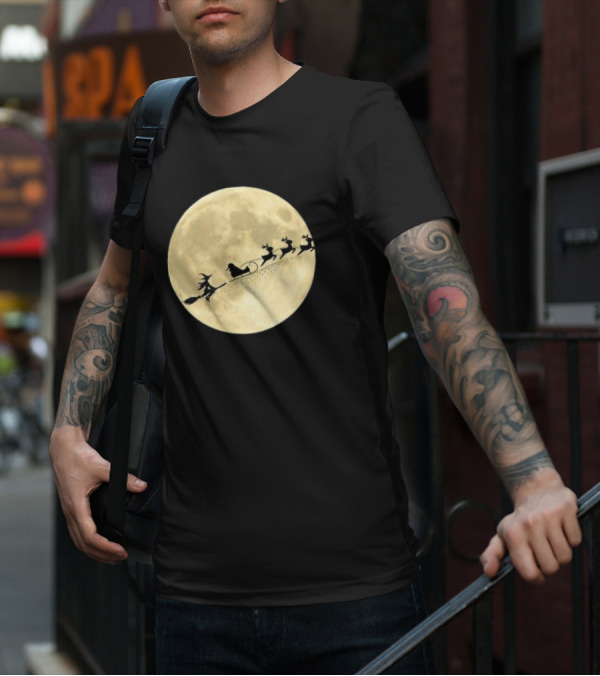Witch Riding With Santa's Sleigh In Full Moon Christmas Scene T-Shirt