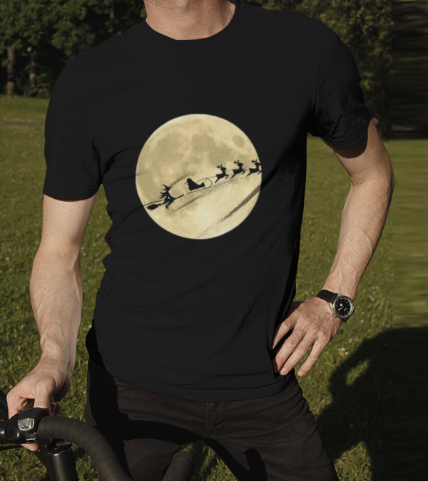 Witch Riding With Santa's Sleigh In Full Moon Christmas Scene T-Shirt