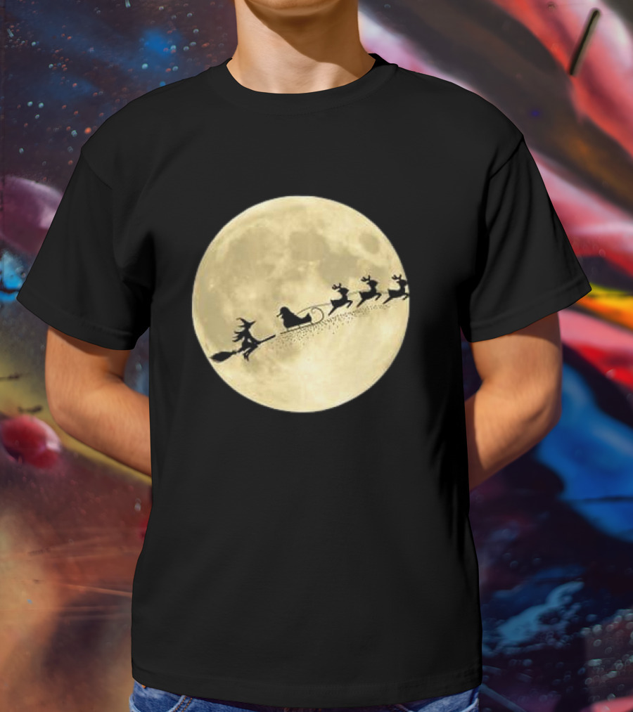 Witch Riding With Santa's Sleigh In Full Moon Christmas Scene T-Shirt