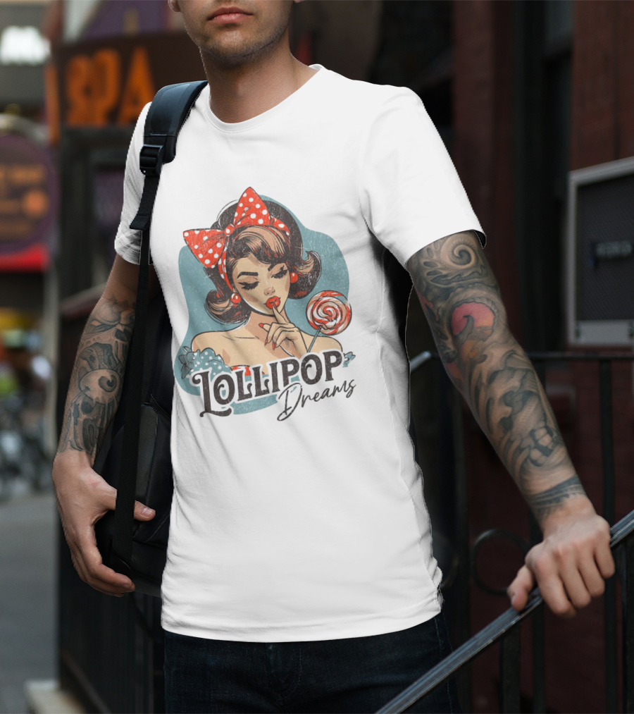Lollipop Dreams Vintage Style Pinup Woman With Lollipop And Red Bow T-Shirt