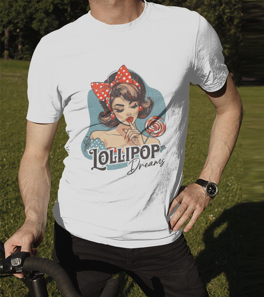 Lollipop Dreams Vintage Style Pinup Woman With Lollipop And Red Bow T-Shirt