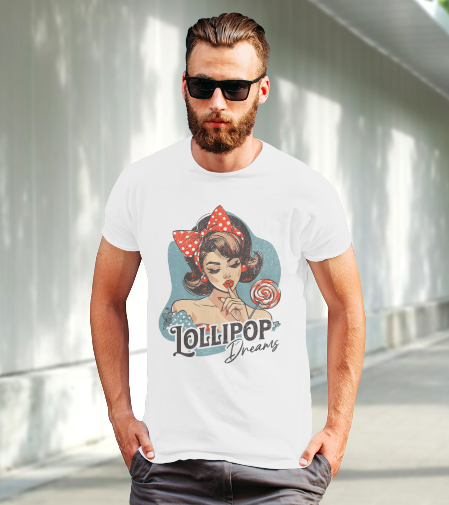 Lollipop Dreams Vintage Style Pinup Woman With Lollipop And Red Bow T-Shirt