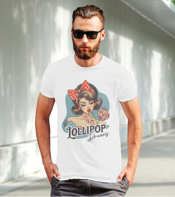 Lollipop Dreams Vintage Style Pinup Woman With Lollipop And Red Bow T-Shirt