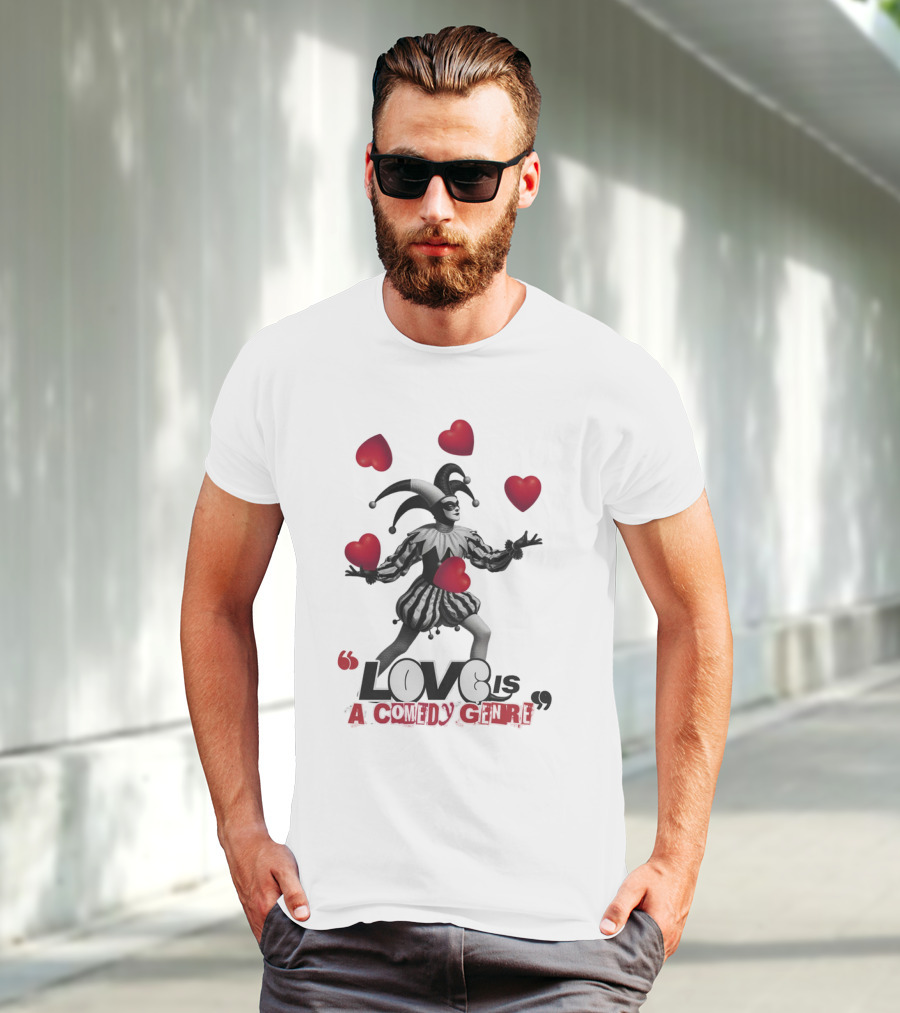 Love Is A Comedy Genre Jester And Hearts Motif T-Shirt