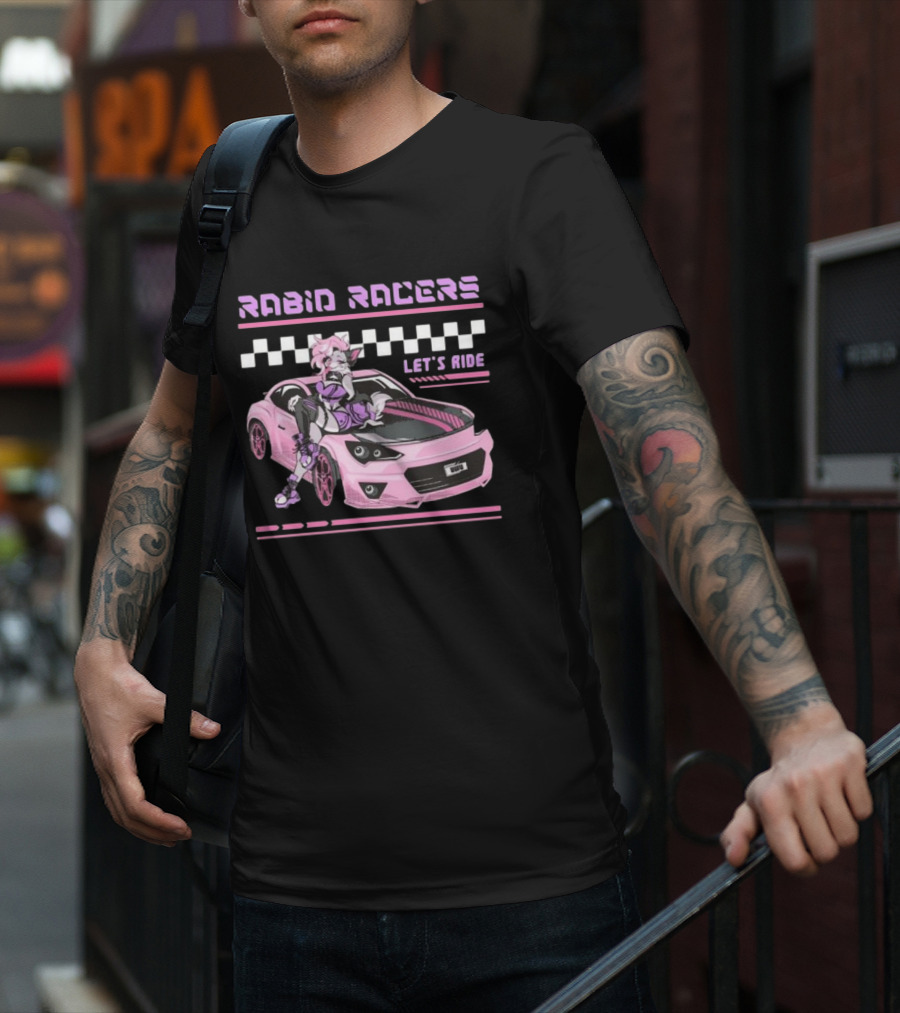Rabid Racers Let’s Ride Pink Anime Style Racer Girl With Wufu License Plate T-Shirt