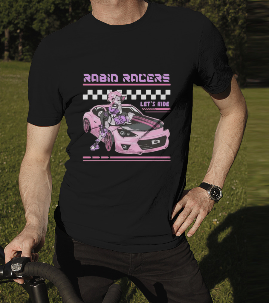 Rabid Racers Let’s Ride Pink Anime Style Racer Girl With Wufu License Plate T-Shirt