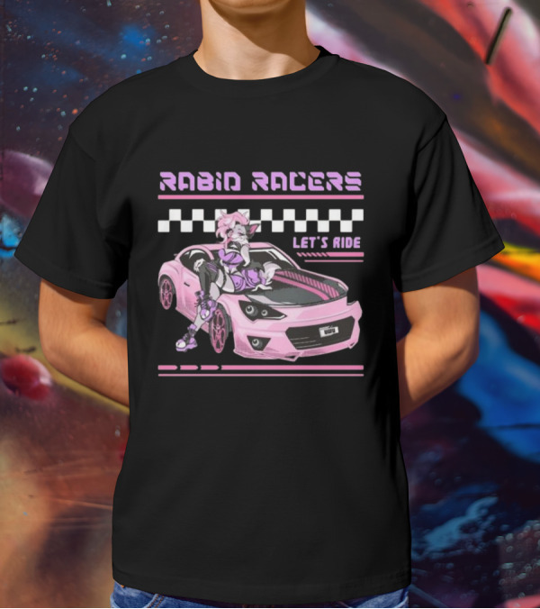 Rabid Racers Let’s Ride Pink Anime Style Racer Girl With Wufu License Plate T-Shirt