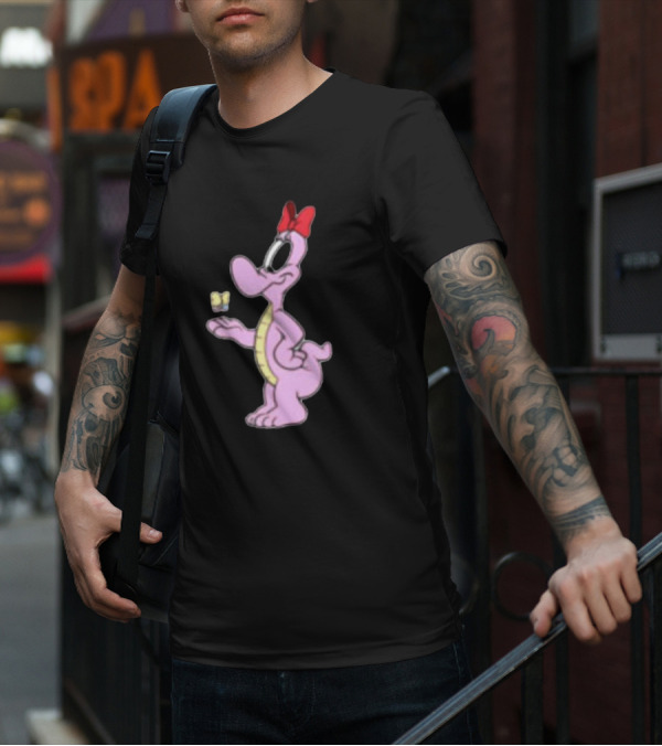 Pink Cartoon Dinosaur With Red Bow And Butterfly T-Shirt