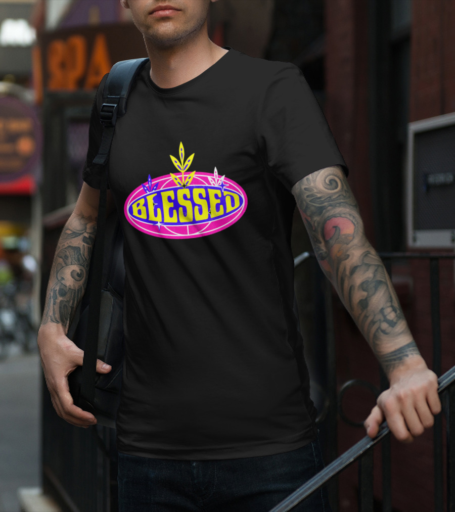 Blessed Vibrant Retro Style Oval Emblem With Leaves T-Shirt