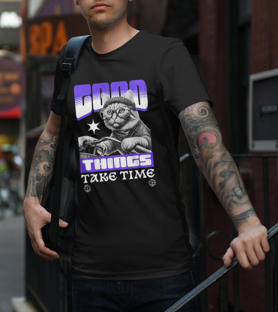 Good Things Take Time Cat In Glasses With Bicycle T-Shirt