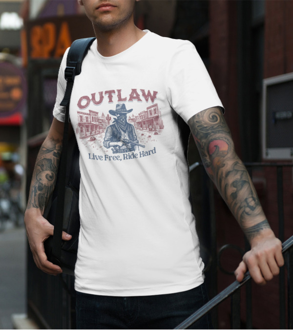 OUTLAW Live Free, Ride Hard Cowboy Western Scene T-Shirt