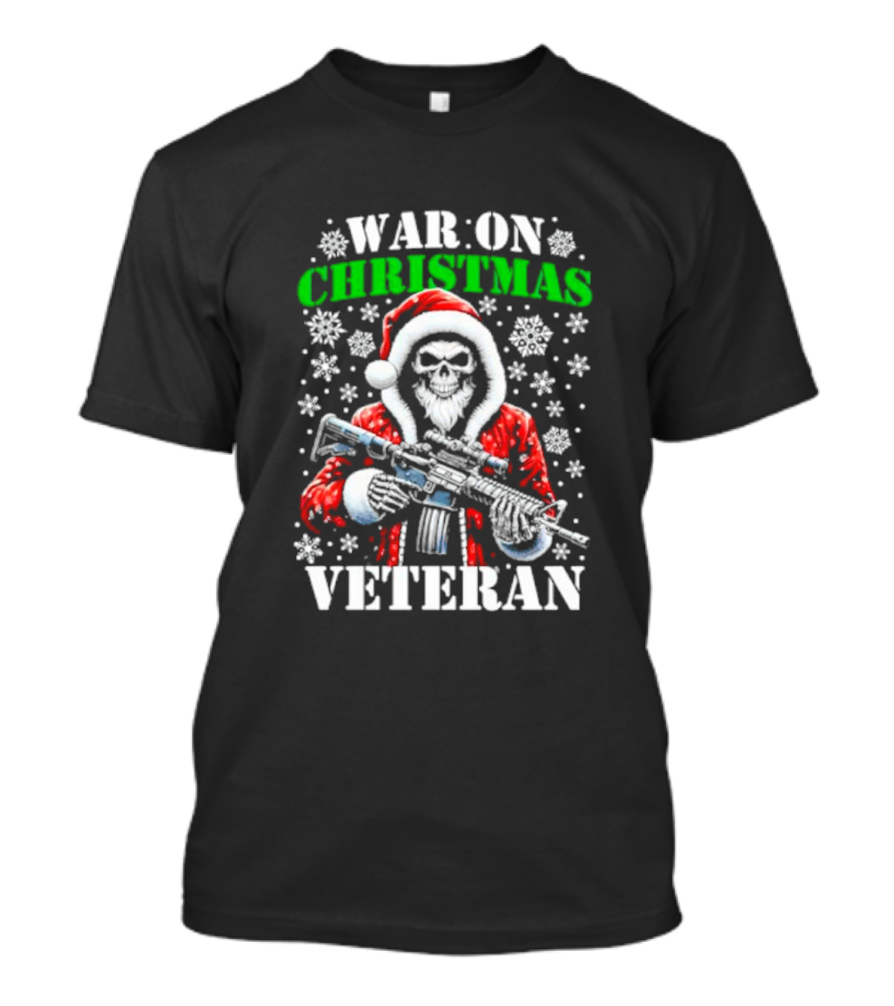 War On Christmas Veteran Skeleton Santa With Gun Snowflakes T-Shirt