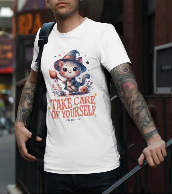Take Care Of Yourself Magical Cat Wizard Hat Broomstick T-Shirt