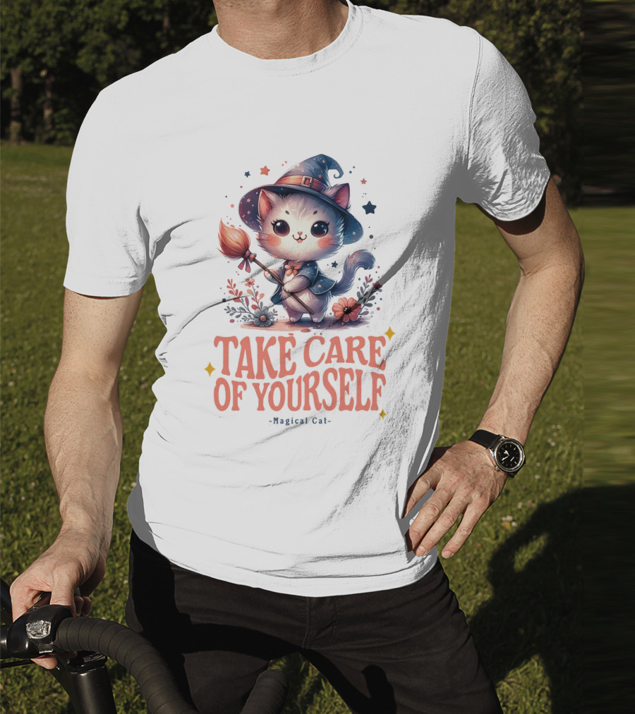 Take Care Of Yourself Magical Cat Wizard Hat Broomstick T-Shirt