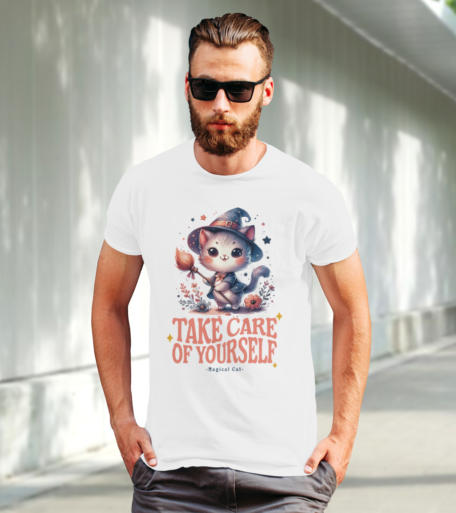 Take Care Of Yourself Magical Cat Wizard Hat Broomstick T-Shirt