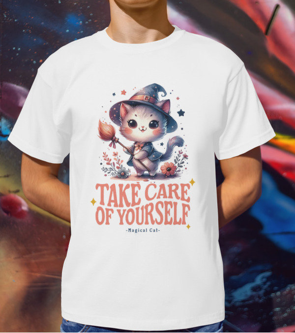 Take Care Of Yourself Magical Cat Wizard Hat Broomstick T-Shirt