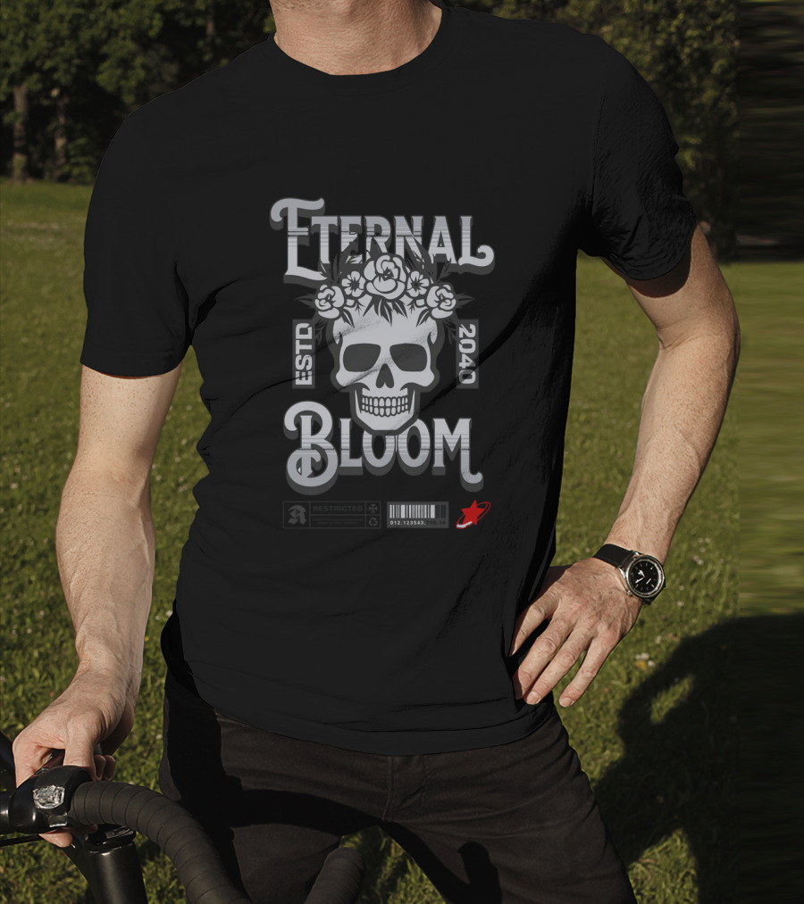 ETERNAL BLOOM ESTD 2040 Skull Roses Barcode Red Rocket T-Shirt