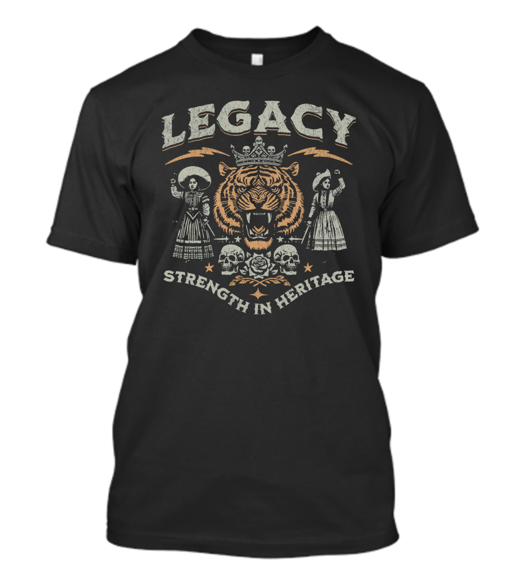 Legacy Strength In Heritage Tiger Skulls And Flowers T-Shirt