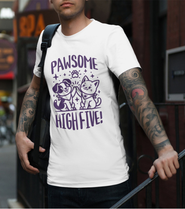 Pawsome High Five Cute Animal Purple Pawsom T-Shirt
