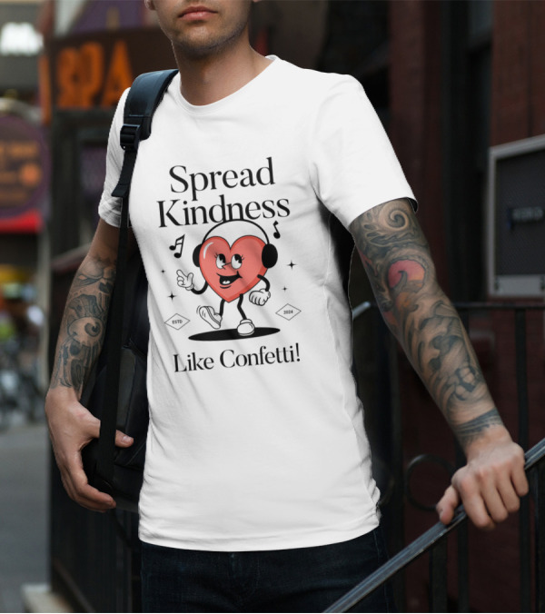 Spread Kindness Like Confetti Heart Character With Headphones Music Notes T-Shirt