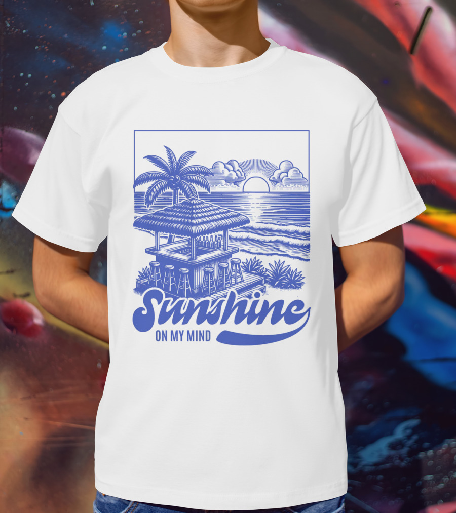 Sunshine On My Mind Vintage Beach Hut And Sunset Scene T-Shirt