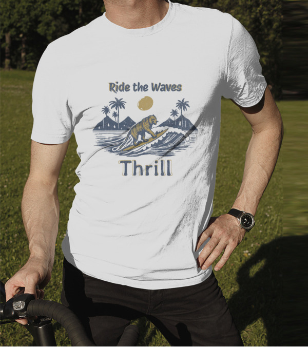 Ride The Waves Thrill Tiger Surf Moon Palms T-Shirt