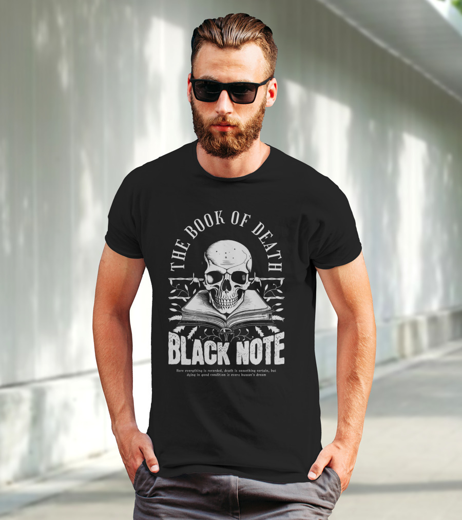 The Book Of Death Black Note Skull With Open Book T-Shirt