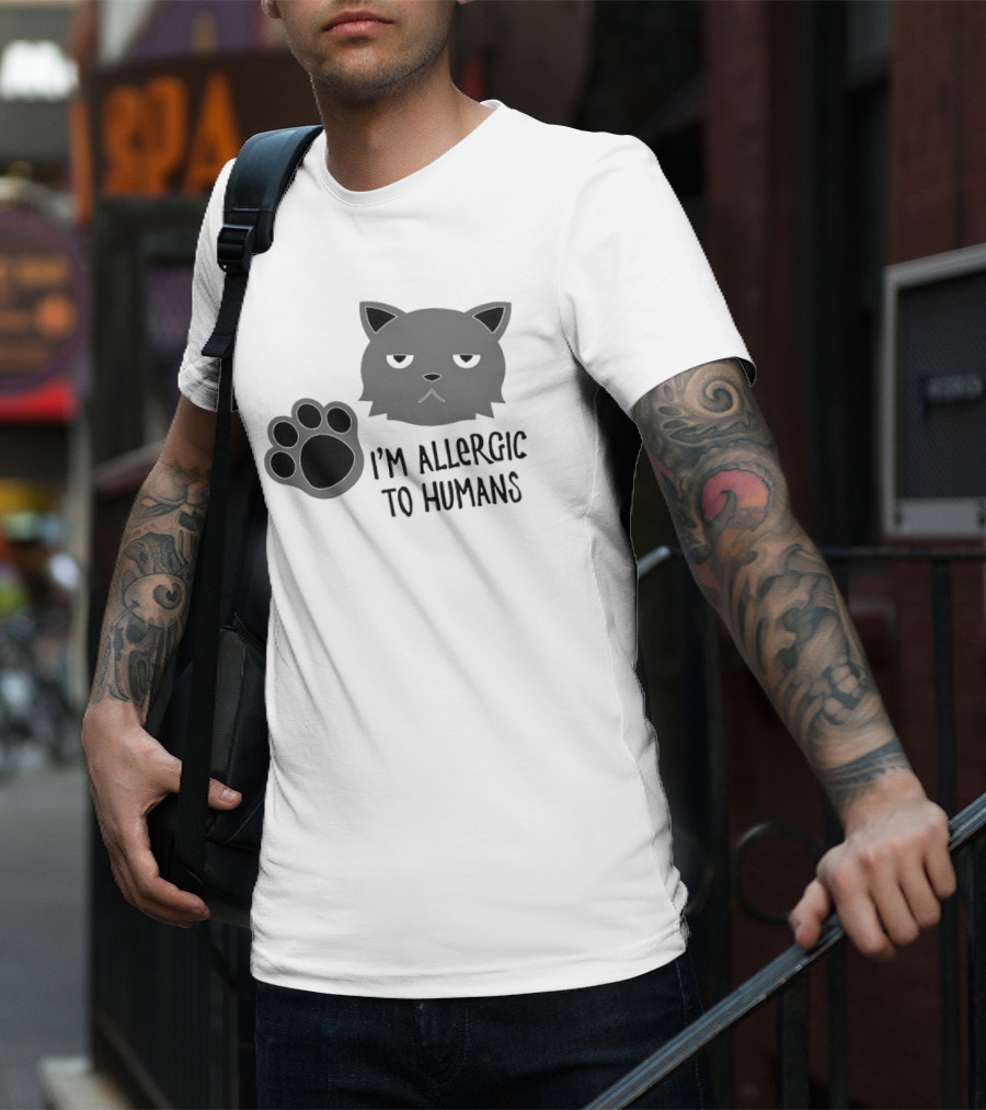 Cat I'm Allergic To Humans Shirt With Grumpy Feline Face And Paw Prints T-Shirt