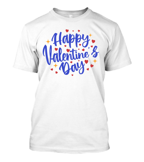 Happy Valentine's Day Blue Script With Hearts And Stars T-Shirt