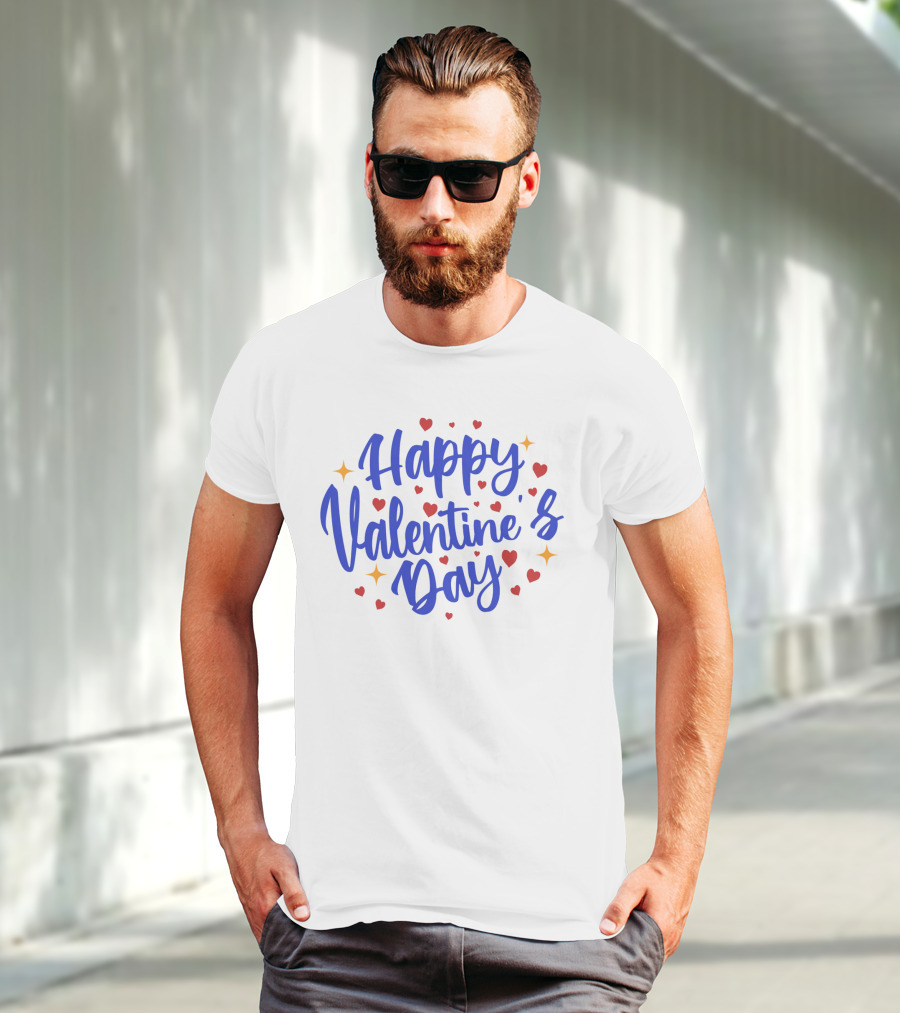 Happy Valentine's Day Blue Script With Hearts And Stars T-Shirt