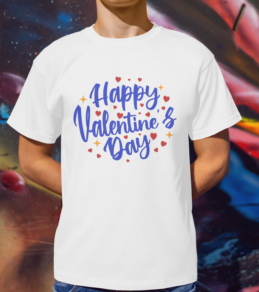 Happy Valentine's Day Blue Script With Hearts And Stars T-Shirt