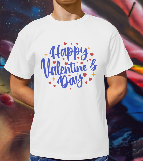 Happy Valentine's Day Blue Script With Hearts And Stars T-Shirt