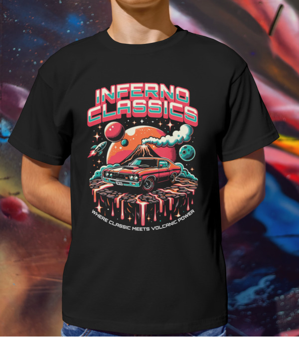 INFERNO CLASSICS WHERE CLASSIC MEETS VOLCANIC POWER PLANETARY MUSCLE CAR VOLCANO SCENE T-Shirt