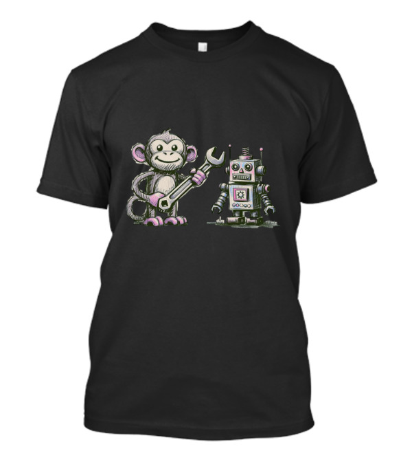 Monkey Wrench Holding Monkey And Robot Companion T-Shirt