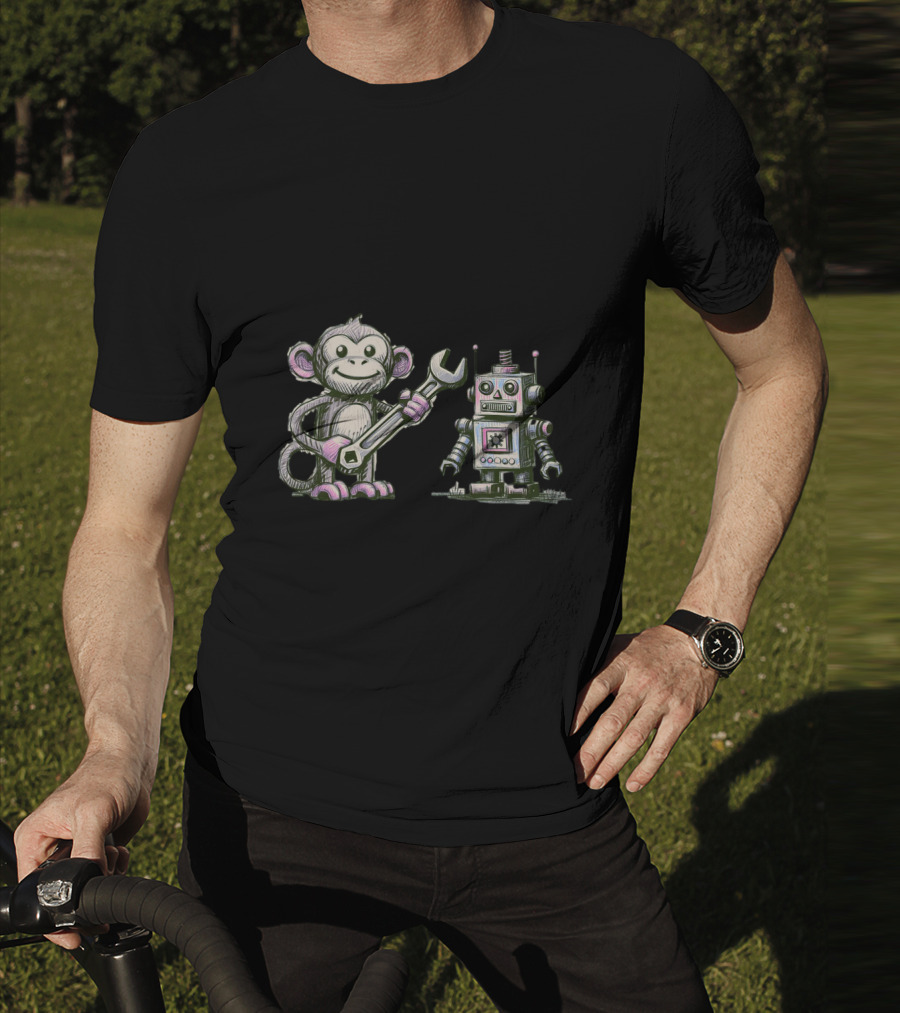Monkey Wrench Holding Monkey And Robot Companion T-Shirt