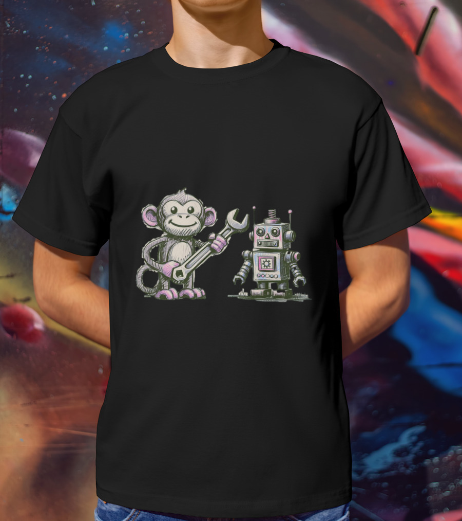 Monkey Wrench Holding Monkey And Robot Companion T-Shirt