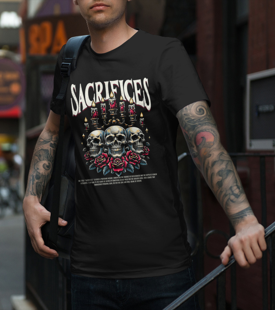 SACRIFICES Skulls Candles Roses Profound Weight Emotions Human Resilience Transcending Personal Gain T-Shirt