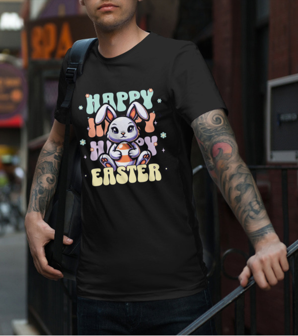 Happy Easter Bunny Holding Egg Pastel Flowers T-Shirt