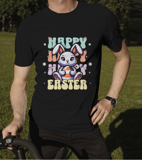 Happy Easter Bunny Holding Egg Pastel Flowers T-Shirt