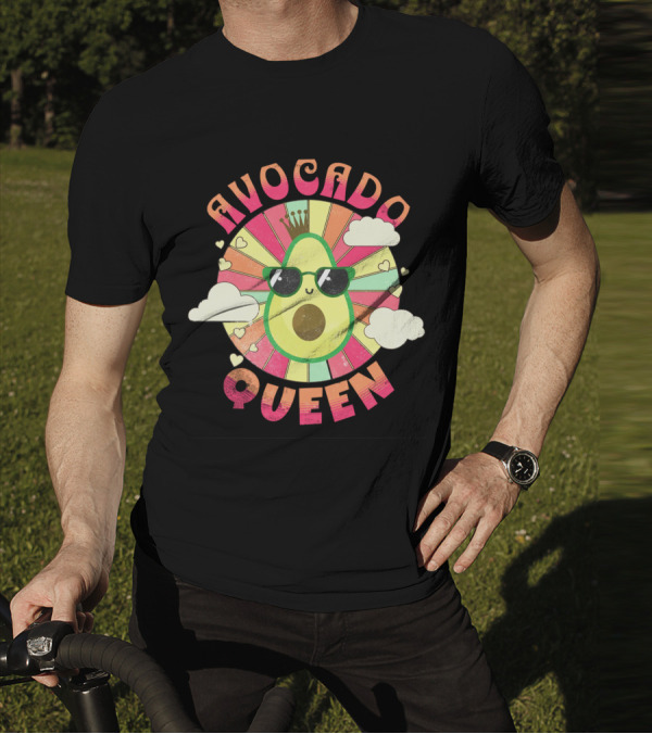 Avocado Queen Kawaii Crown Sunglasses Retro Sunburst Hearts Clouds T-Shirt