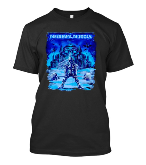 Medieval Muscle Knight Lifting Weights In Gothic Castle Scene T-Shirt